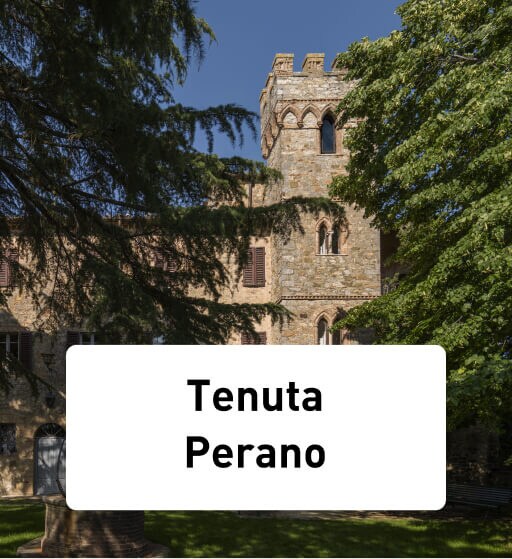 Tenuta Perano: plaatje van het kasteel tussen de dennenbomen door